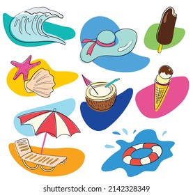 Summer label elements of a beach holiday. Set of vector icons on the theme of vacation and travel: ice cream, starfish and shell, coconut, sun hat, umbrella and deck chair, wave, lifebuoy.