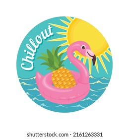 Summer label, emblem with lettering. Round colorful paper sticker, icon, tag for summer holiday, travel, fest, vacation. Vector flamingo inflatable float with pineapple on sea in simple style