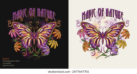 Summer label with fantasy colored butterfly, chamomile flowers, text Magic of nature. Vintage style. Editable text graphic style is included. For clothing, apparel, T-shirts, surface decoration.