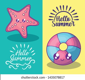 summer label with float and starfish kawaii