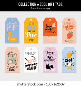Summer label and git tag with cute holiday elements and lettering. Hand drawn trendy style. Vector. Good for invitations, banners, web, posters, stickers, stationery, cards and flyers