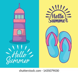 summer label with lighthouse and flip flops
