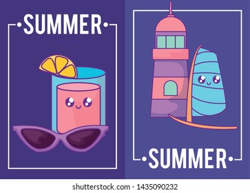 summer label with lighthouse and icons kawaii