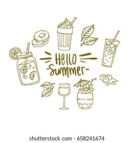 Summer label, logo, doodles and design elements for summer holiday, Vector illustration for poster and invitation.