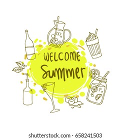 Summer label, logo, hand drawn and design elements for summer holiday, Vector illustration for poster and invitation.