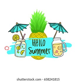 Summer label, logo, hand drawn and design elements for summer holiday, Vector illustration for poster and invitation.