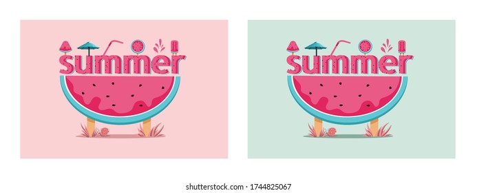 Summer label on a watermelon that has been split into halves on pastel background. Watermelon ice cream in different styles. 