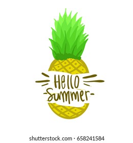 Summer label with pineapple, hand drawn and design elements for summer holiday, Vector illustration for poster and invitation.