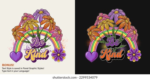 Summer label with rainbow, chamomile bouquet , halftone shapes, paint splatter, editable text effect. Groovy, hippie retro style. For clothing, apparel, T-shirts, surface decoration