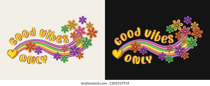 Summer label with rainbow wave, flying chamomiles, heart, text Good vibes. Groovy, hippie retro style. Concept of harmony, balance, positivity. For clothing, apparel, T-shirts, surface decoration