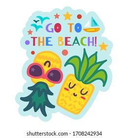 Summer Label with Relaxing Cartoon Pineapples, Beach Summertime Sticker. Tropical Vacation Logo with Cute Exotic Fruits Chilling. Colorful Decoration for Beach Party