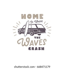 Summer label with retro surf car, surfboard and typography elements. Vintage beach style for t-shirts, emblems, mugs, apparel design, clothing and other identity. Stock vector isolated on white