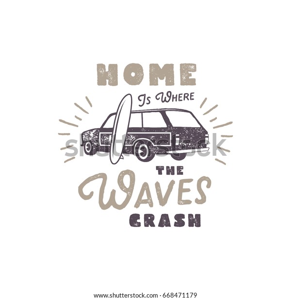 Summer label with retro surf car, surfboard and\
typography elements. Vintage beach style for t-shirts, emblems,\
mugs, apparel design, clothing and other identity. Stock vector\
isolated on white