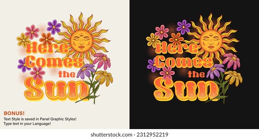 Summer label with sun with face, chamomile, halftone, text and editable font effect. Positive, peaceful concept. Groovy, hippie retro style. For clothing, apparel, T-shirts, surface decoration