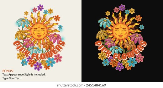 Summer label with sun with face, chamomile, halftone shapes, editable text effect. Groovy, hippie retro style. For clothing, apparel, T-shirts, surface decoration