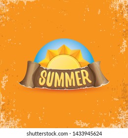 summer label with sun isolated on grunge orange background. Vector Stylized summer sun design element for banner, poster, flyer, cover, brochure. Summer sun Logo design. 