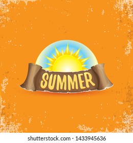summer label with sun isolated on grunge orange background. Vector Stylized summer sun design element for banner, poster, flyer, cover, brochure. Summer sun Logo design. 