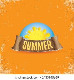 summer label with sun isolated on grunge orange background. Vector Stylized summer sun design element for banner, poster, flyer, cover, brochure. Summer sun Logo design. 