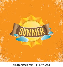 summer label with sun isolated on grunge orange background. Vector Stylized summer sun design element for banner, poster, flyer, cover, brochure. Summer sun Logo design. 