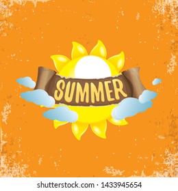 summer label with sun isolated on grunge orange background. Vector Stylized summer sun design element for banner, poster, flyer, cover, brochure. Summer sun Logo design. 