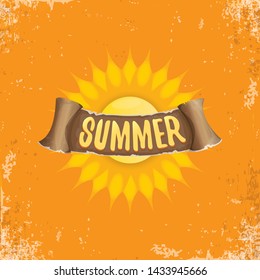 summer label with sun isolated on grunge orange background. Vector Stylized summer sun design element for banner, poster, flyer, cover, brochure. Summer sun Logo design. 