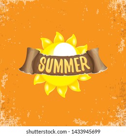 summer label with sun isolated on grunge orange background. Vector Stylized summer sun design element for banner, poster, flyer, cover, brochure. Summer sun Logo design. 