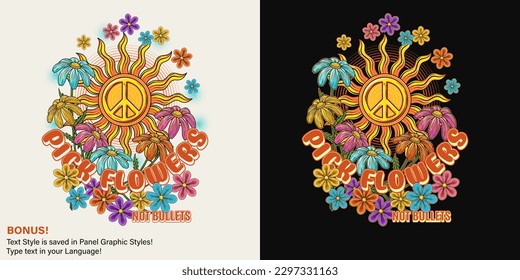 Summer label with sun, peace symbol, chamomile, halftone shapes, editable text effect. Groovy, hippie retro style. For clothing, apparel, T-shirts, surface decoration