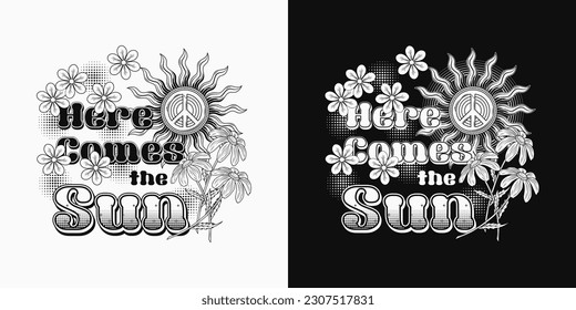 Summer label with sun, peace symbol, chamomile, halftone, text. Positive, peaceful concept. Groovy, hippie retro style. For clothing, apparel, T-shirts, surface decoration