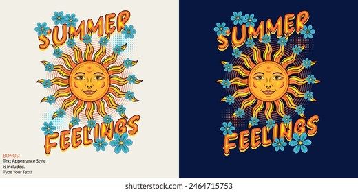Summer label with sun with smiling face, scattered chamomiles, text, editable font effect. For clothing, apparel, T-shirts decoration. Groovy, boho, hippie style, kids design