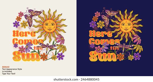 Summer label with sun with smiling face, chamomile, halftone, text and editable font effect. Groovy, boho, hippie style, kids design For clothing, apparel, T-shirts decoration