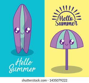 summer label with umbrella open and surfboard kawaii