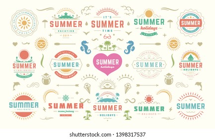 Summer labels and badges design set retro typography for posters, greeting cards and banners. Summer holidays icons and design elements collection.