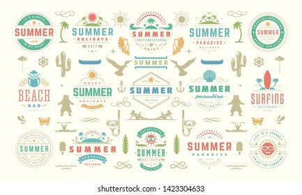 Summer labels and badges design set retro typography for posters, greeting cards and banners. Summer holidays icons and design elements collection.