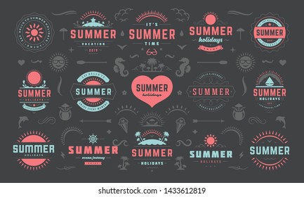 Summer labels and badges design set retro typography for posters, greeting cards and banners. Summer holidays icons and design elements collection.