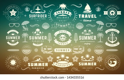 Summer labels and badges design set retro typography for posters, greeting cards and banners. Summer holidays icons and design elements collection.