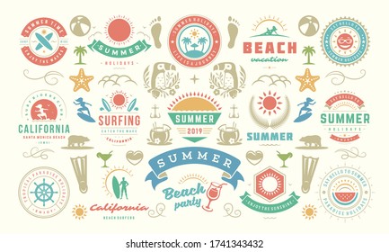 Summer labels and badges design set retro typography for posters, greeting cards and banners. Summer holidays icons and design elements collection.