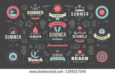 Summer labels and badges design set retro typography for posters, greeting cards and banners. Summer holidays icons and design elements collection.
