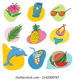 Summer labels beach holiday elements.Set of vector icons, vacation and travel tags of sunscreen, palm leaf, tropical flower,pineapple, watermelon,dolphin,swimsuit,sunglasses,refreshing cocktail 