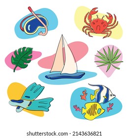 Summer labels beach holiday elements.Set of vector icons, vacation and travel tags of diving equipment: swimming mask, flippers, palm leaf, crab, sailboat, tropical coral fish.