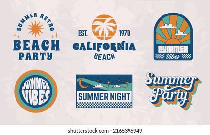 Summer Labels. Beach party, summer vibes. 1970s Retro logo designs. 6 retro 70's logos set. Groovy prints for T-shirt, typography. Vector summer emblems templates.