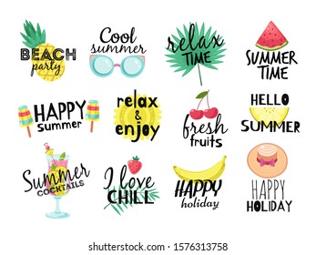 Summer labels. Beach vacation, summer travel graphic with lettering. Cocktail, sun and fresh fruits, ice cream badges vector set