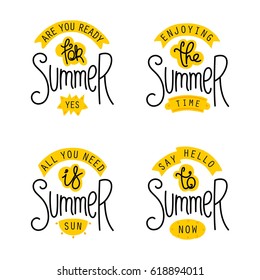 Summer labels and design elements. Set of retro hand made emblems with funny slogans.
 Vector doodle badges EPS 8