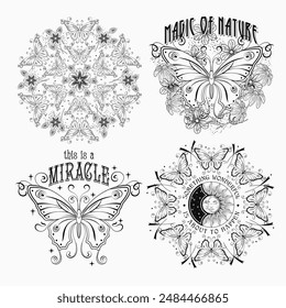Summer labels with fantasy butterfly, chamomile flowers, text. Vintage monochrome illustrations on white background. For clothing, apparel, T-shirts, surface designs