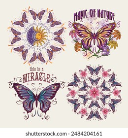 Summer labels with fantasy colored butterfly, chamomile flowers, text. Vintage illustrations on white background. For clothing, apparel, T-shirts, surface designs