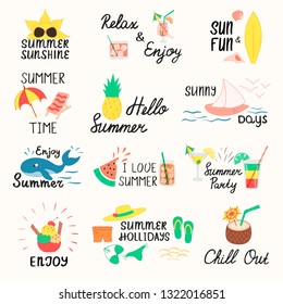 Summer labels, lettering tags and elements, badges for holiday, travel, beach vacation, sun. Cute vector illustration with cocktails, fruits.