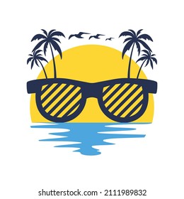  Summer labels, logos, elements for summer holiday, beach vacation, sun. palm tree Vector illustration.