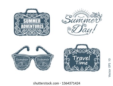 Summer labels, logos, and elements set for summer holiday .Travel set icons.Journey Suitcase .Handwritten lettering.