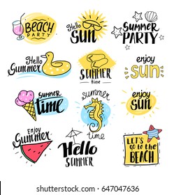 Summer labels, logos, and elements set for summer holiday, beach. Vector illustration. Hand drawn style