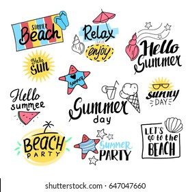 Summer labels, logos, and elements set for summer holiday, beach. Vector illustration. Hand drawn style