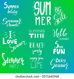 Summer labels, logos, hand drawn tags and elements set for summer holiday, travel, beach vacation, sun. Vector illustration.